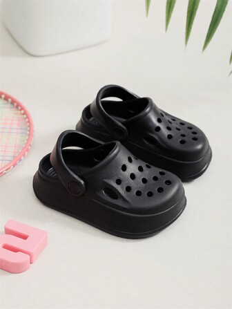 男女通用儿童纯色镂空厚底木屐，舒适防滑休闲软底拖鞋，适合男孩和女孩的户外活动