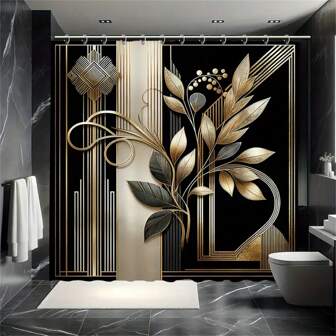 1pc Plants Line Pattern, Waterproof Curtain With Free Curtain Hooks, Easy-To-Hang, No Drilling Required, Bathroom Decor Accessories Fall Decor Bathroom Accessories Back To School