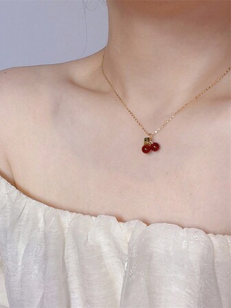 Biokia 1 件装甜樱桃水果项链，配红玛瑙，适合学生，适合女孩的可爱礼物
