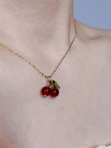 Biokia 1 pièce Collier avec cerise et agate rouge pour étudiants, cadeau mignon pour les filles