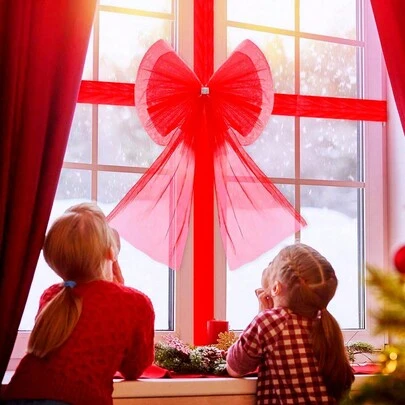 2pcs/Set Double Layer Red Bow Decoration, Suitable For Christmas, Halloween, New Year Party, Holiday Decorations. The Bow Size Is Around 60*80CM, And The Tulle Ribbon Size Is 75*750CM, With 6 Clips For Easy DIY Usage. Applicable For Halloween, Christmas, National Day, Independence Day And Other Festivals, Outdoor Parties And Events.