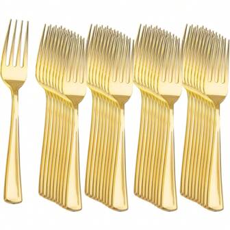 100 件金色餐具叉，适合派对、婚礼、餐厅和日常使用、厨房、圣诞礼物