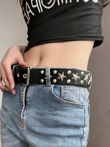 1 Thắt lưng hình ngôi sao Punk màu đen mát mẻ & phong cách grunge dành cho nữ, Thắt lưng da hình ngôi sao năm cánh tối Y2k dành cho phụ kiện mặc quần jean/váy - màu đen - Xem 1