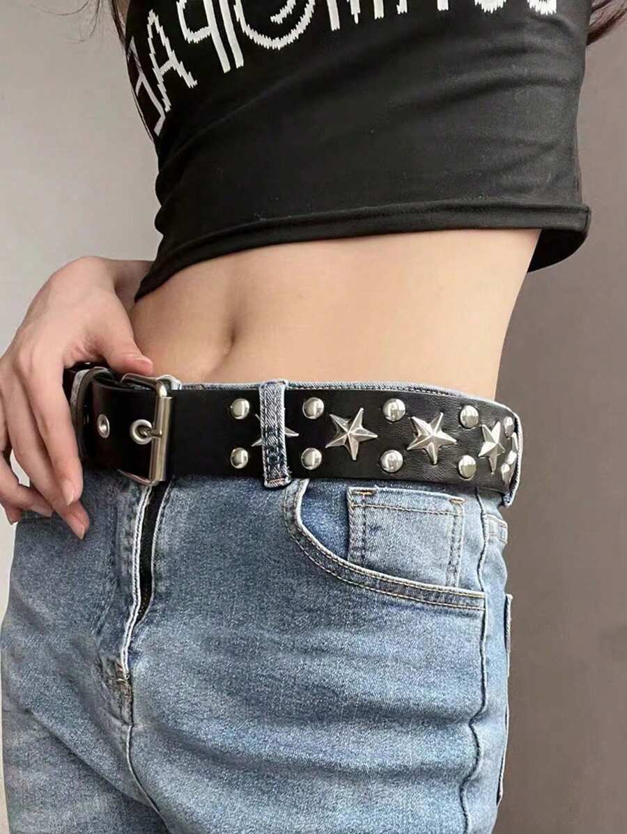 1 Thắt lưng hình ngôi sao Punk màu đen mát mẻ & phong cách grunge dành cho nữ, Thắt lưng da hình ngôi sao năm cánh tối Y2k dành cho phụ kiện mặc quần jean/váy - màu đen - Xem 1