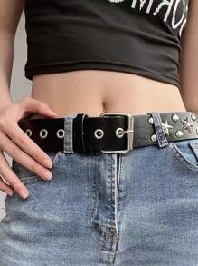 1 Thắt lưng hình ngôi sao Punk màu đen mát mẻ & phong cách grunge dành cho nữ, Thắt lưng da hình ngôi sao năm cánh tối Y2k dành cho phụ kiện mặc quần jean/váy - màu đen - Xem 4