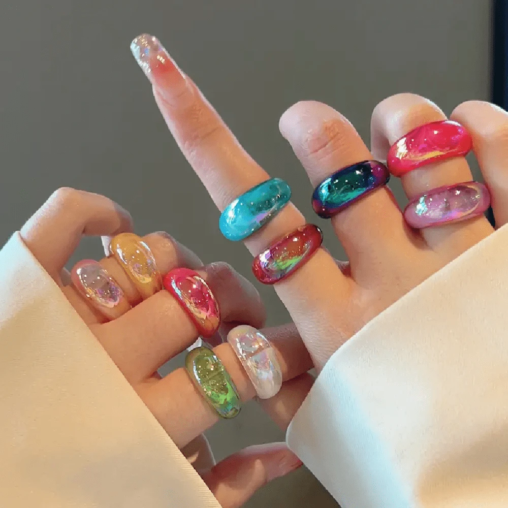 6 piezas Set de anillos apilables Y2K glamorosos, anillos de resina cuadrados, redondos, brillantes, lindos y de colores dulces, surtidos para mujeres, damas, amigas, regalos de joyas - 6 anillos de resina de colores - Ver 1