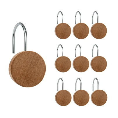 12pcs Wooden & Stainless Steel Bathroom Shower Curtain Hooks, Heavy Duty Waterproof Rust-Proof Decorative Curtain Rings, Bathroom Kitchen Accessories Home Bathroom Decor Summer Bathroom Accessories