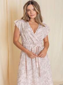 Retro Boho Woven Floral Pink Yellow Maxi Surplice Wrap Sah Dress Front Tie Flutter Sleeve - Pink - View 5