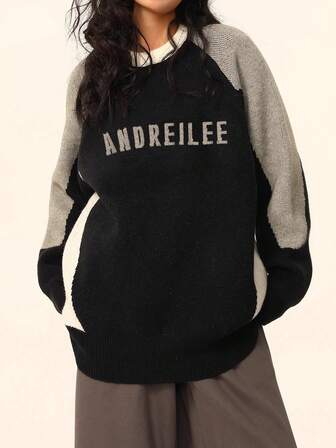 女士插肩袖圆领字母图案针织毛衣