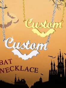 可定制英文名字字母的万圣节蝙蝠吊坠项链 不锈钢项链 个性哥特式蝙蝠名牌配饰 创意万圣节礼物 - 銀色 - 查看 3