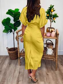 Vestidos Largos Elegantes para Mujer Moda Unicolor, con Botón Delantero, Transpirables y Cómodos, Ajustadoss - Amarillo - Ver 6