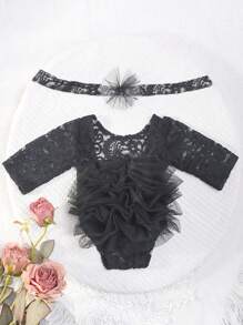 Bộ 2 băng đô ren hoa cho trẻ sơ sinh và bộ đồ liền thân, trang phục chụp ảnh cho bé 100 ngày tuổi, đạo cụ chụp ảnh trẻ sơ sinh, đồ trang trí gia đình, quà tặng, tiệc mừng em bé, quà tặng lễ Phục sinh cho bé gái/bé trai - Bụi hồng - Xem 9