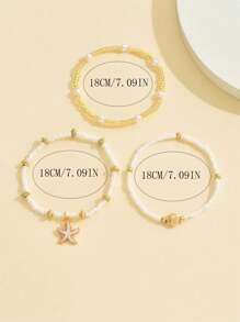 3pcs/Set Simple White Bead & Faux Pearl Starfish Shell Jewelry Bracelet, Suitable For Women's Daily Wear And Leisure Travel