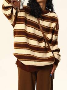 Damen Vintage Loose Gestreifter Strickpullover, Herbst/Winter