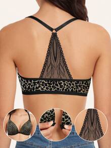 女士豹纹性感聚拢前扣文胸 - 不可拆卸衬垫，可调节肩带，舒适透气蕾丝露背内衣