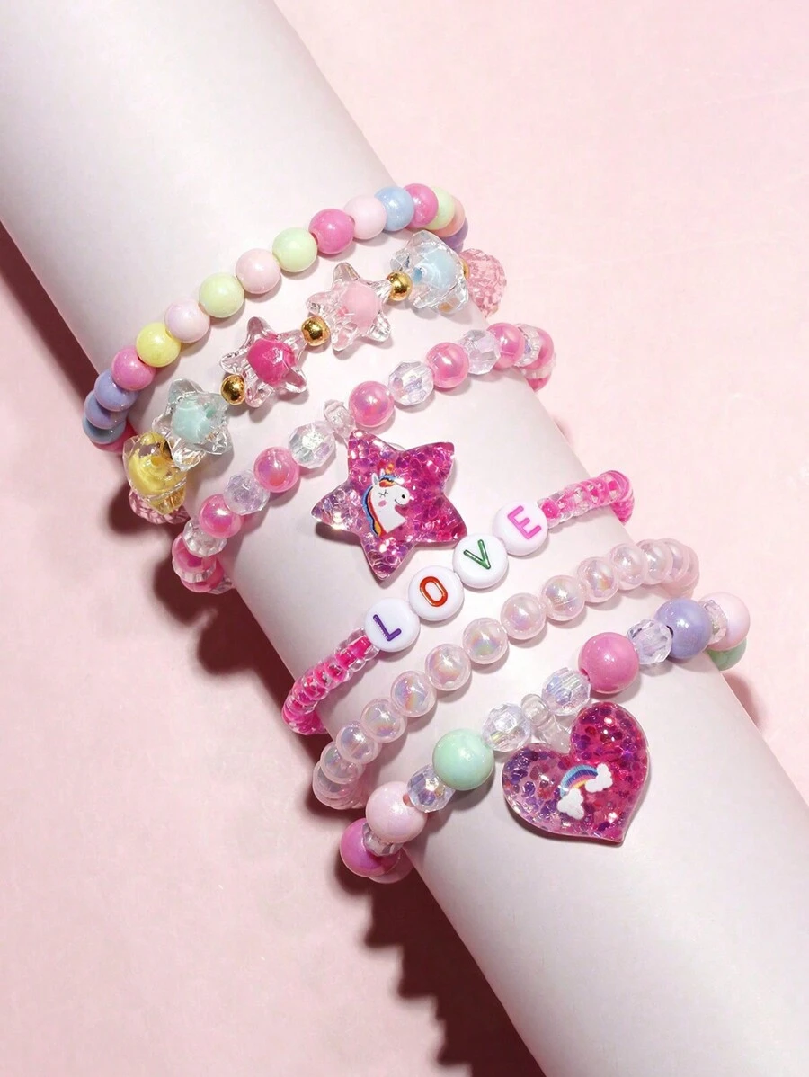 6pcs/Set Girl's Five-Pointed Star & Heart Charm Beaded Bracelet With Random Color , Exquisite Color Crystal Beads  Five-Pointed Star Heart Shell Beaded Bracelet, Adjustable Bracelet Set, Suitable For Girls, Gifts And Party Decorations