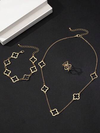 1 Set Minimalist Hollow Quatrefoil Chain Necklace Bracelet Ring Jewelry Set For Men, Wedding/Daily Gift
