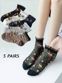 5 双春夏透明蕾丝边碎花短袜 - 彩色 - 查看 3