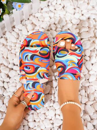 Damen Regenbogenfarben Flache Sandalen, modische Riemen Strandschuhe