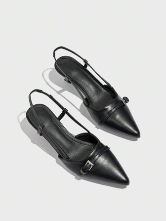 Patent Leather Pointed Toe Backless Women High Heels Buckle Strap Kitten Heels