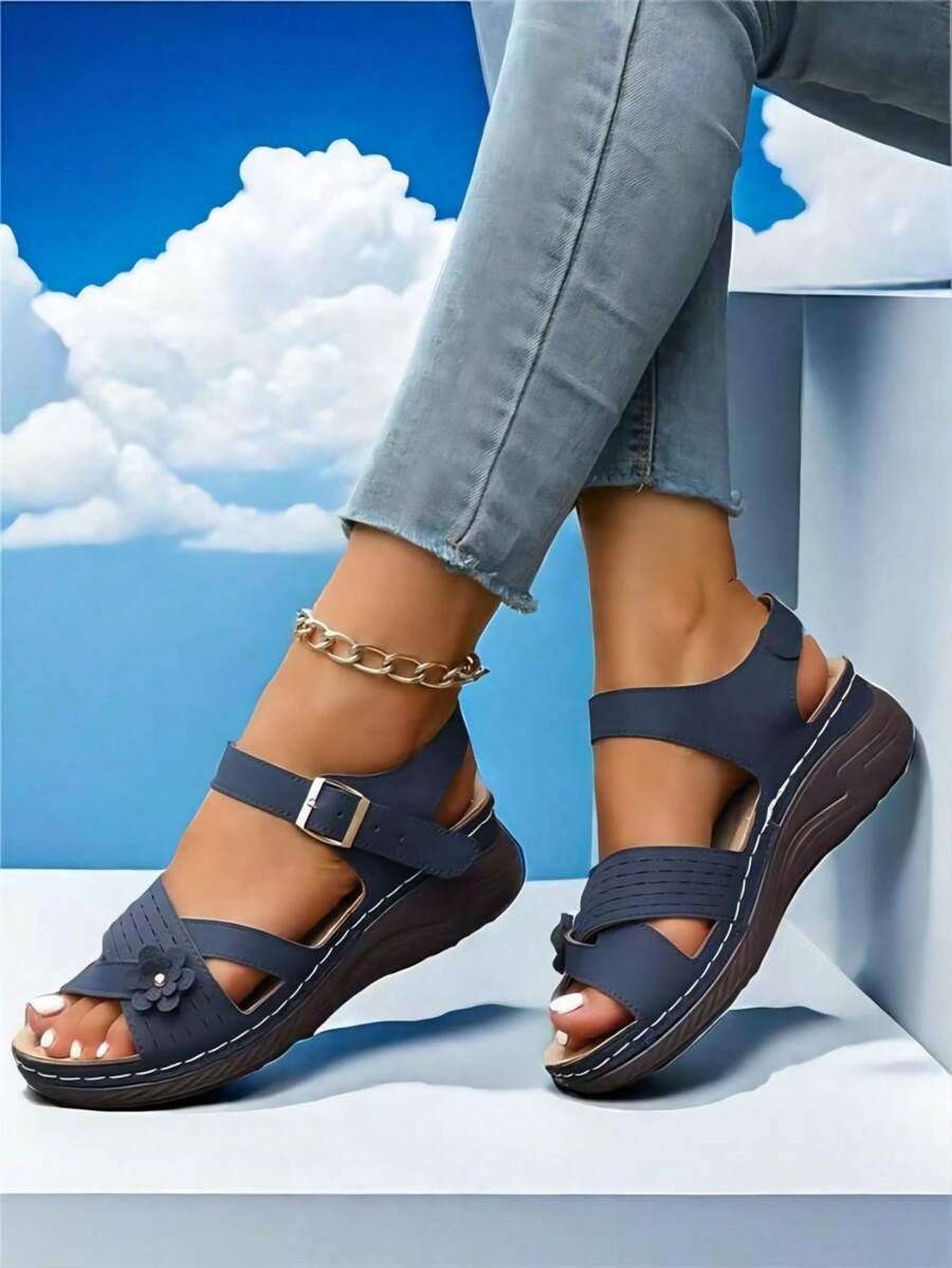 Nuevas sandalias de cuña para mujeres con estilo, cómodas sandalias de plataforma para mamá, sandalias casuales con punta abierta para mujeres - Azul Marino - Ver 1