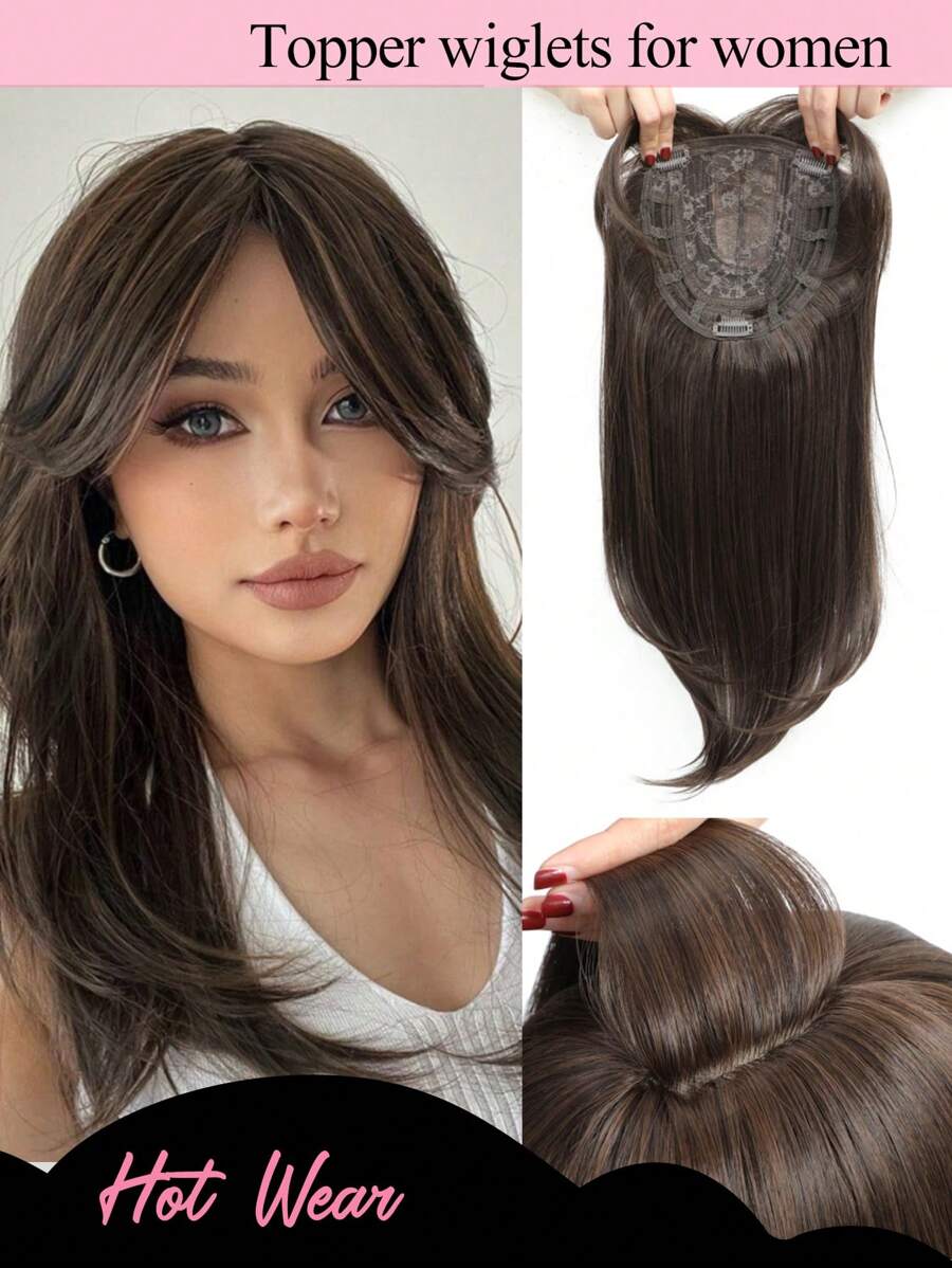 19 pulgadas Engrosador de cabello sintético para cabello fino, engrosador de cabello de 6.5x6.5 pulgadas para mujeres con pérdida de cabello, color marrón oscuro con mechones, engrosadores de cabello y postizos para mujeres