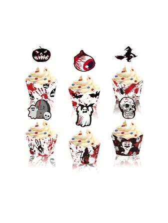 24 pièces Décorations de gâteau d'anniversaire thème d'horreur d'Halloween, décorations de cupcake et d'enveloppe de gâteau pour fête d'Halloween, fournitures de décoration de fête d'Halloween, décor d'Halloween, articles de fête d'Halloween