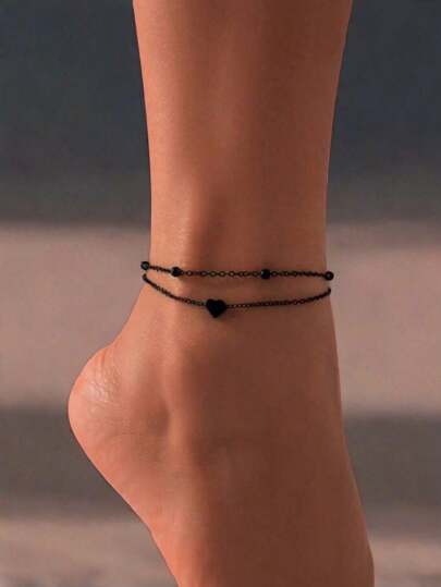 Style 2pcs Fashionable Iron Heart & Pearl Decor Anklet For Women Daily Decoration Valentines,Mom,Mother,Mother's Day,Gift