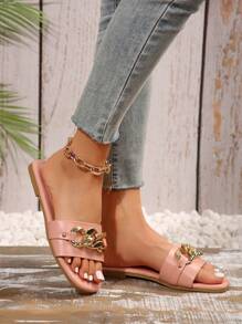 Women's Pink Strap Slip-On Slippers, Comfortable And Fashionable Summer House Slippers With Chain Buckle - Pink - View 6