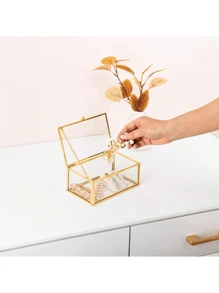 1PC Glass Jewellery Box Clear Trinket Box Vanity Rings Earrings Box Organizer Display Case Decorative Keepsake Box With Lid For Home Wedding Birthday Gift (Gold)-(Chain Style Is Random) Back To School