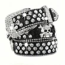 1pc Women's New Fashion Four Skull Rhinestone Decor Belt, Men's Punk Hip-Hop Leather Belt For Jeans Halloween - Skeleton - View 4