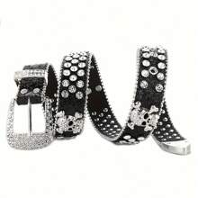 1pc Women's New Fashion Four Skull Rhinestone Decor Belt, Men's Punk Hip-Hop Leather Belt For Jeans Halloween - Skeleton - View 3