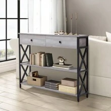 LIVINGANDHOME Living And Home Narrow Wooden Console Table With Drawers - Grey - View 5