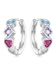 WOSTU 1 Đôi Bạc 925 Nhiều Màu Sắc Đính Đá Cubic Zirconia Tai Khóa Hình Trái Tim Đôi Khuyên Tai Vòng Cho Nữ Không Gây Dị Ứng Bông Tai Trang Sức - Nhiều màu - Xem 1