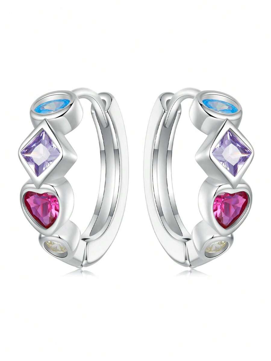 WOSTU 1 Đôi Bạc 925 Nhiều Màu Sắc Đính Đá Cubic Zirconia Tai Khóa Hình Trái Tim Đôi Khuyên Tai Vòng Cho Nữ Không Gây Dị Ứng Bông Tai Trang Sức - Nhiều màu - Xem 1