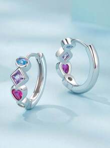 WOSTU 1 Đôi Bạc 925 Nhiều Màu Sắc Đính Đá Cubic Zirconia Tai Khóa Hình Trái Tim Đôi Khuyên Tai Vòng Cho Nữ Không Gây Dị Ứng Bông Tai Trang Sức - Nhiều màu - Xem 3