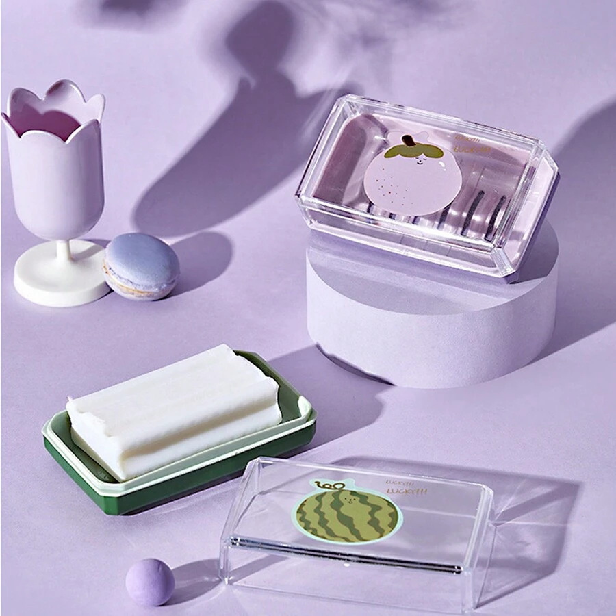 1pc Cartoon Design Covered Quick-Draining Soap Dish, Odorless Durable Bathroom Accessory For Travel And Home Use - Multicolor - View 1