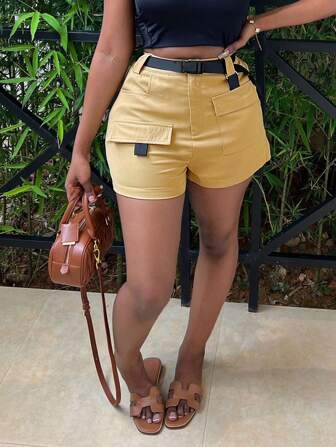 Women Solid Color Casual Utility Waist Belt Shorts