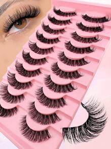10 Pairs Transparent Band D-Curl Flared Russian False Eyelashes, 18mm Length, Cat Eye Effect, Fluffy Lashes, Strip Eyelashes - Black - View 1