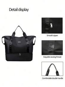 2-Piece Set Fashion Large Capacity Nylon Expanded Waterproof And Wear-Resistant Universal Double Handle Zipper Style Travel Bag&Corduroy Makeup Bag For Men And Women For College Student For Travel For Back To School For Exercise Fitting - Black - View 11