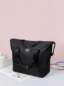 2-Piece Set Fashion Large Capacity Nylon Expanded Waterproof And Wear-Resistant Universal Double Handle Zipper Style Travel Bag&Corduroy Makeup Bag For Men And Women For College Student For Travel For Back To School For Exercise Fitting - Black - View 3