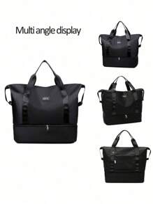 2-Piece Set Fashion Large Capacity Nylon Expanded Waterproof And Wear-Resistant Universal Double Handle Zipper Style Travel Bag&Corduroy Makeup Bag For Men And Women For College Student For Travel For Back To School For Exercise Fitting - Black - View 10