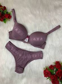 Plus Size Bra And Panty Sets Comfortable To Wear Everyday - 淺灰紫 - 查看 4