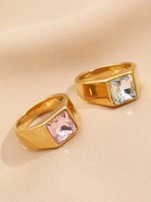 1pc Stainless Steel Fashion Minimalist Style Women's White And Pink Zirconia Cast Ring, Suitable For Women's Daily Wear Or As A Gift - Yellow Gold - View 2