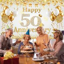 1 件 50 周年快乐横幅、黄金主题结婚周年背景横幅、50 周年金婚周年背景图片装饰、室内外场景装饰 - 款式A - 查看 3