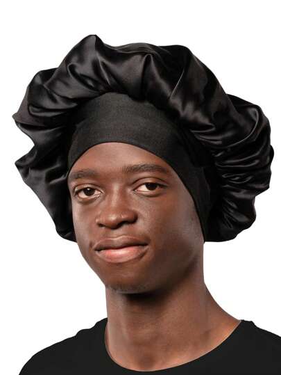 Men's Solid Color Wide-Brimmed Elastic Stretch Satin Sleep Bonnet - Fashionable, Comfortable, Soft And Breathable Design For Everyday Use, Ideal For Sleep And Hair Care Protection
