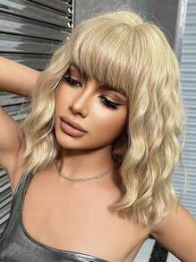 Blonde Bob Wigs For Women Curly Wavy Wigs With Bangs Short Heat Resistant Synthetic Wigs For Party Costume Daily Wear Colorful Wigs - 金色 - 查看 2