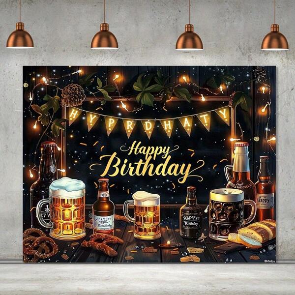 1pc,Polyester Happy Birthday Beer Theme Backdrop - Vintage Retro Wood Design Party Decoration Banner, Generous Fit For Home & Outdoor Celebrations, No Electricity Needed