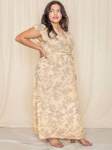 Retro Boho Woven Floral Pink Yellow Maxi Surplice Wrap Sah Dress Front Tie Flutter Sleeve - 黃色 - 查看 9