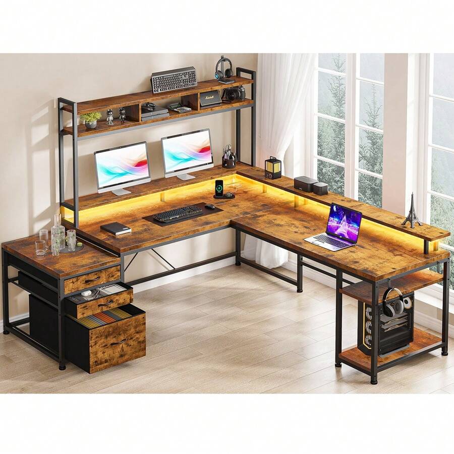 EnHomee Tiger Pattern L Shaped Gaming Computer Desk With LED Light & Power Outlets, Monitor Stand & Shelves,Drawers For Gaming Room - Xem 1